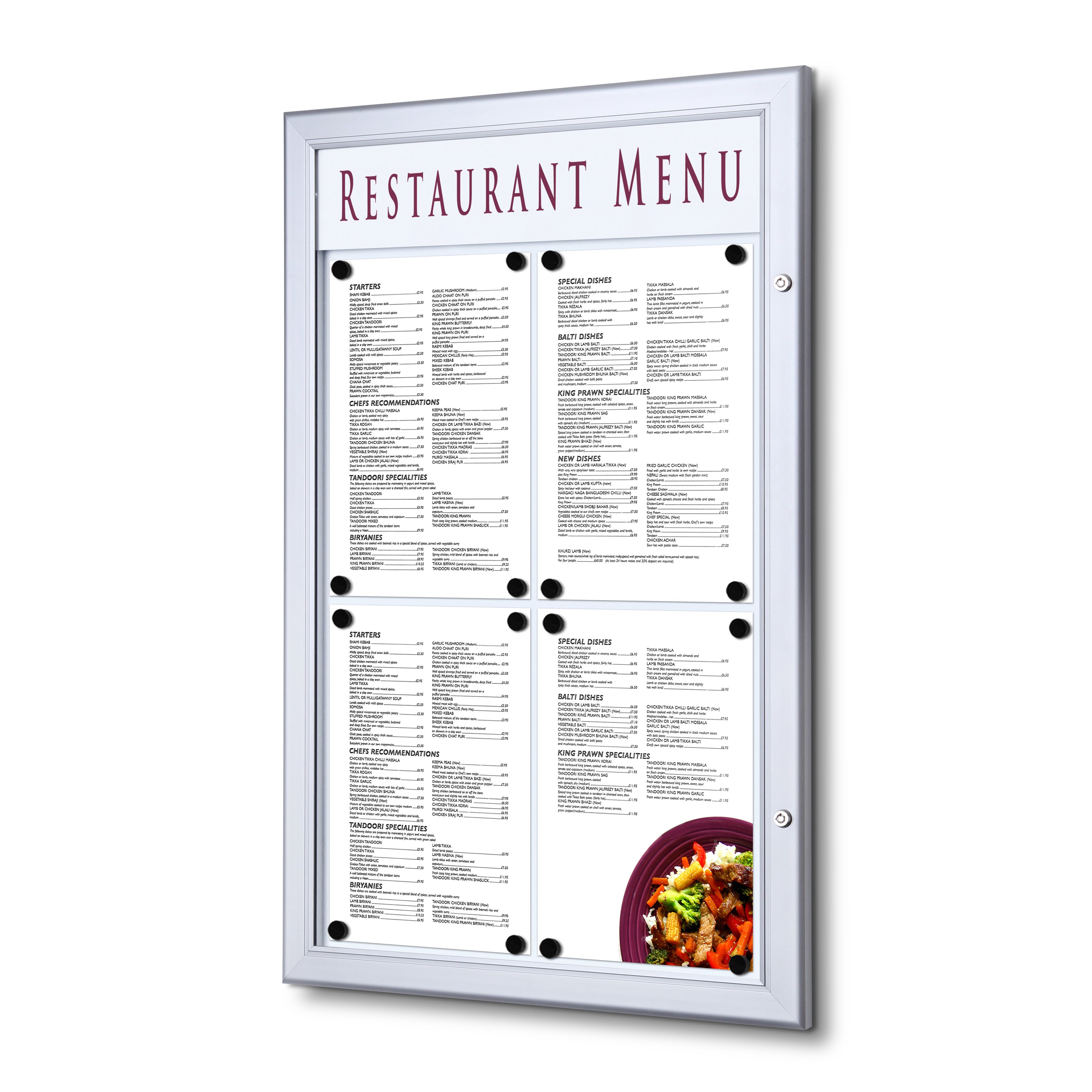 Porte menu extérieur avec logo 4× A4 argent, affichage du menu