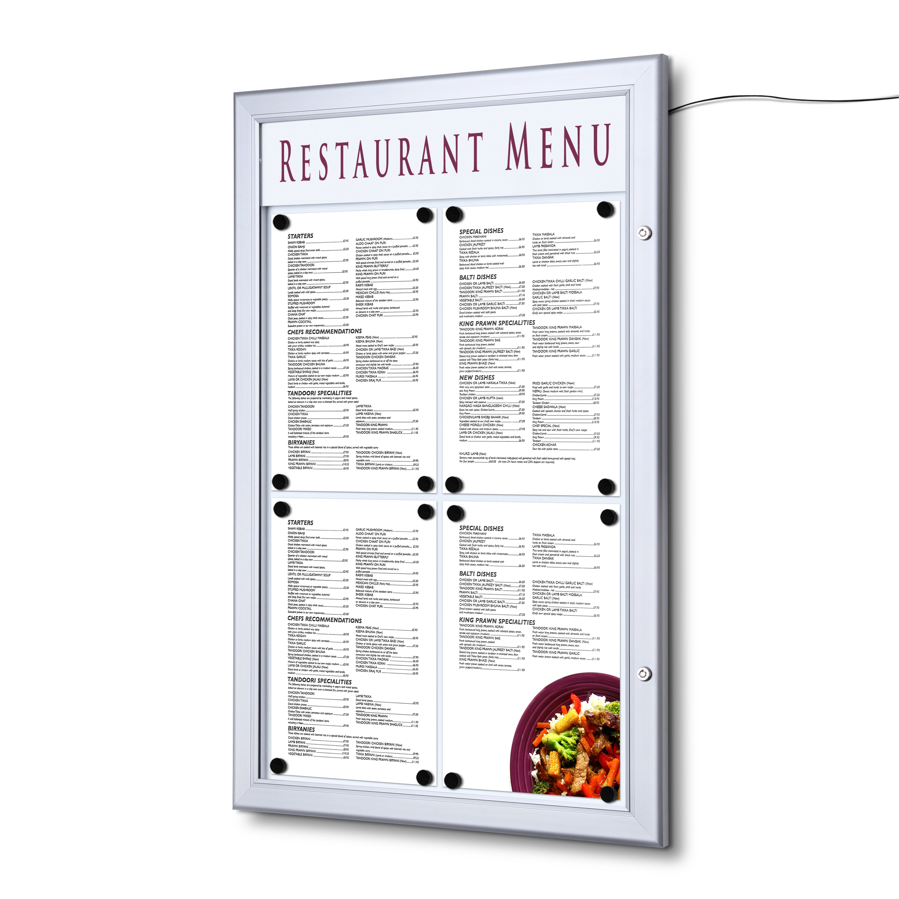Porte menu extérieur avec logo 4× A4 argent LED, affichage du menu