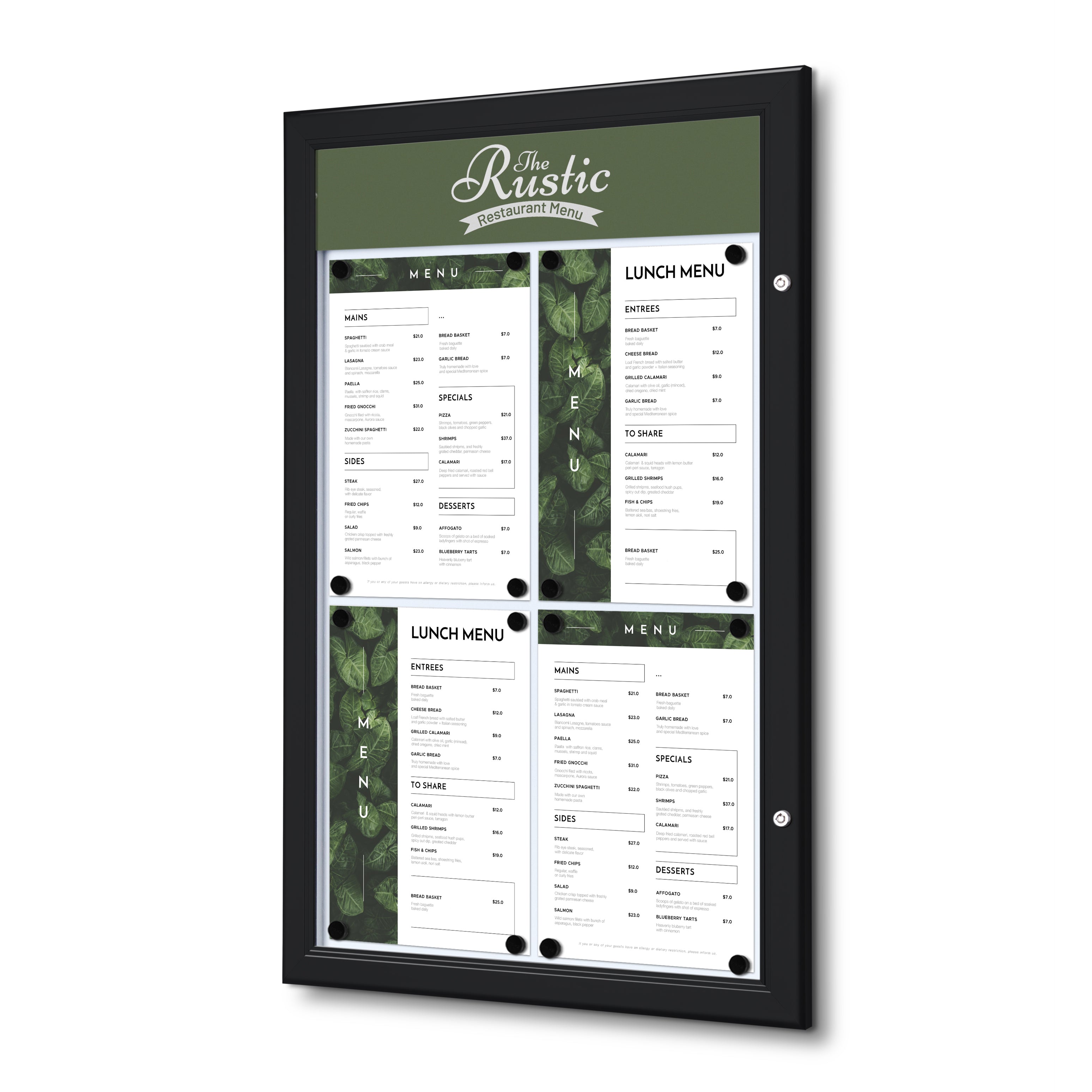 Porte menu extérieur avec logo 4× A4 noir, affichage du menu