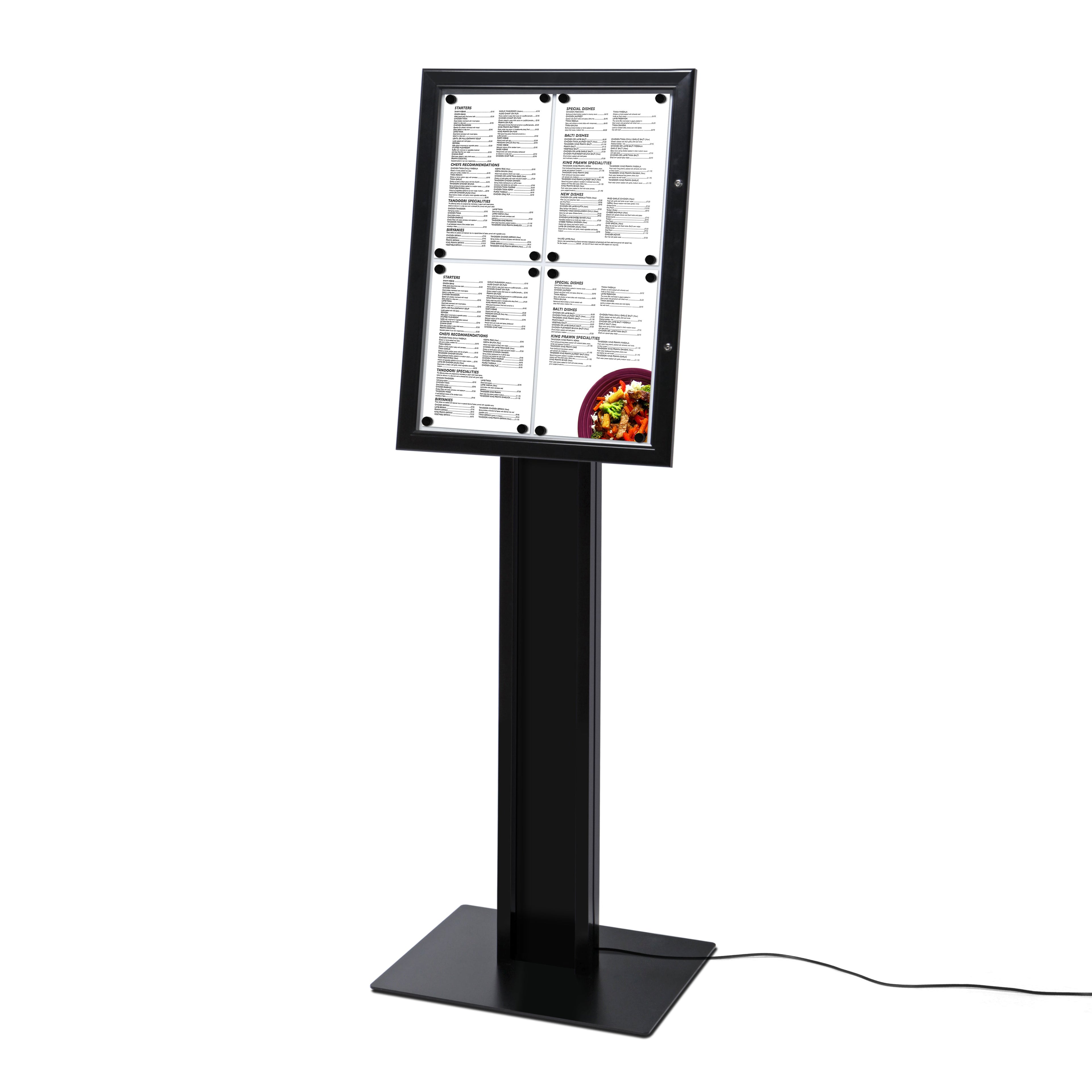 Porte menu sur pied noir 4x A4 LED, vue de face