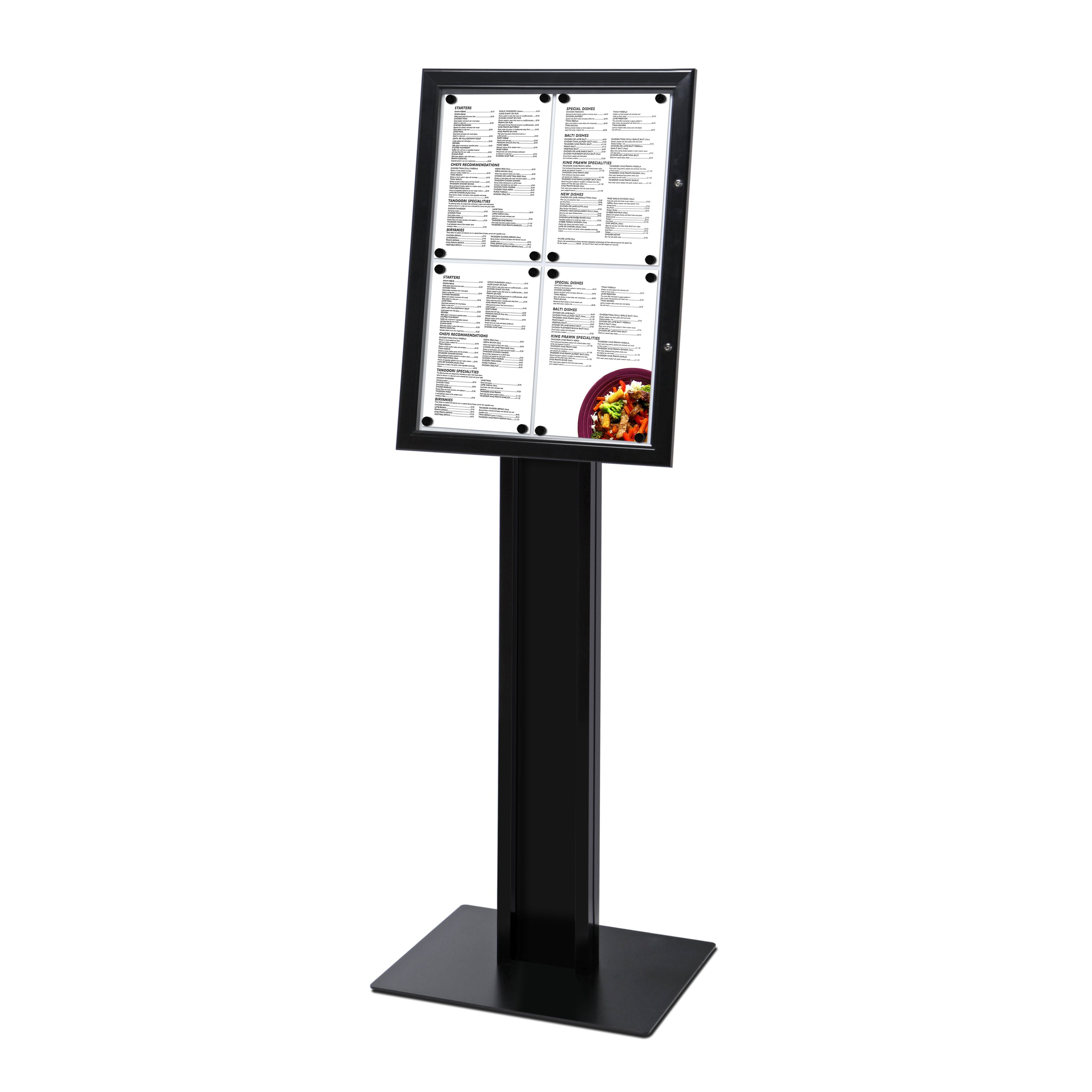 Porte menu sur pied noir 4x A4, vue de face