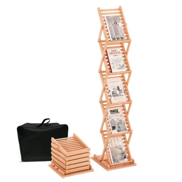 Présentoir pliable à brochures A4 en bois avec 5 niveaux pour présentation de magazines, prospectus et flyers