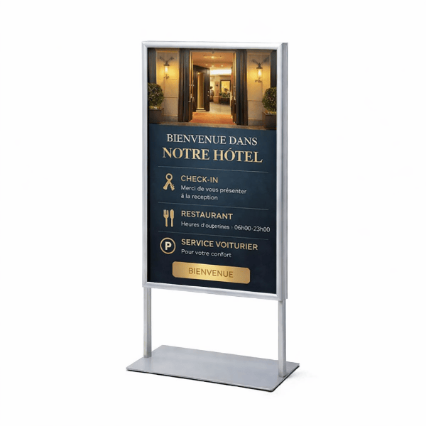 Présentoir porte-affiche A1 double face sur pied en aluminium pour affichage de posters et publicités en magasin