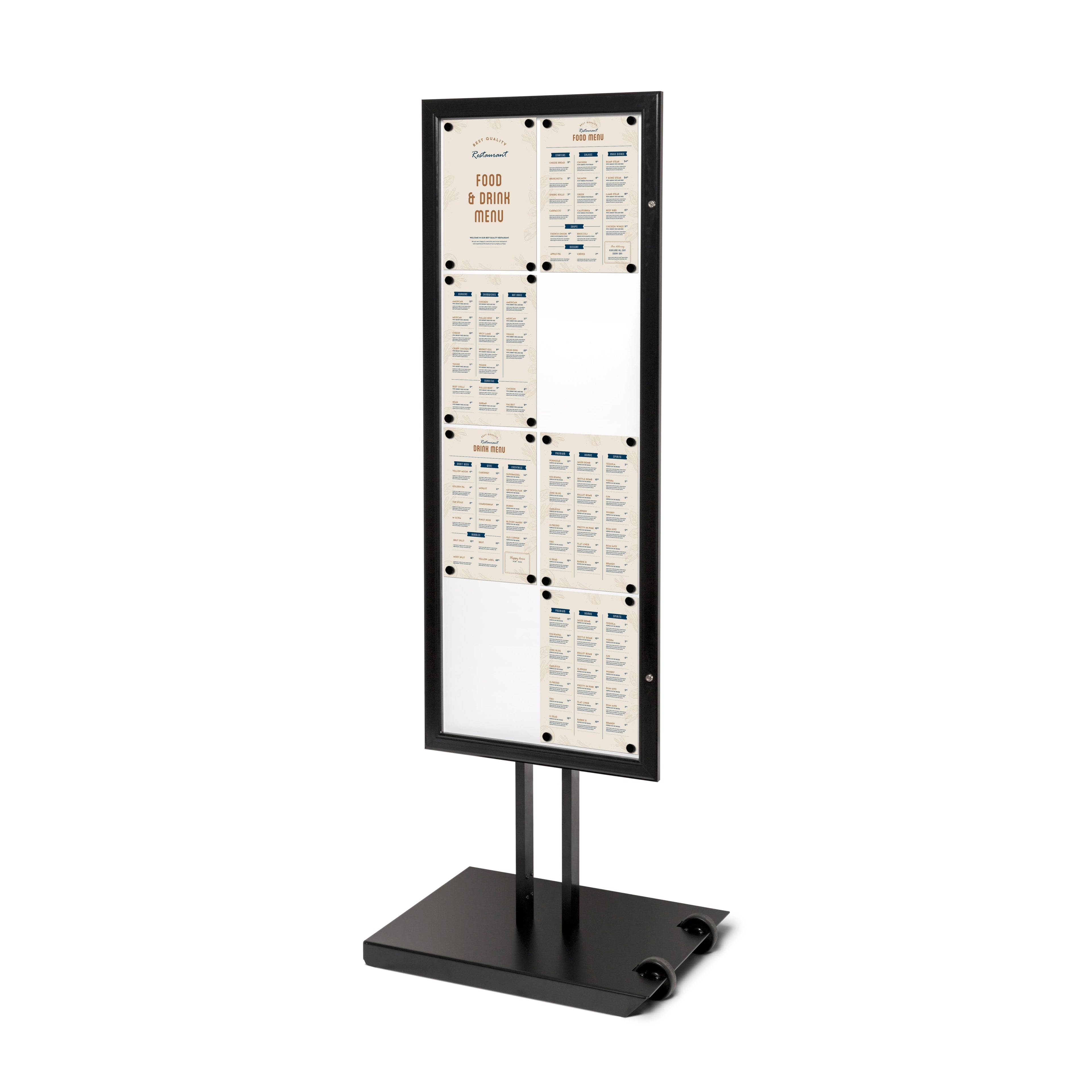 Présentoir porte menu noir 8x A4 sur roulettes, vue de face