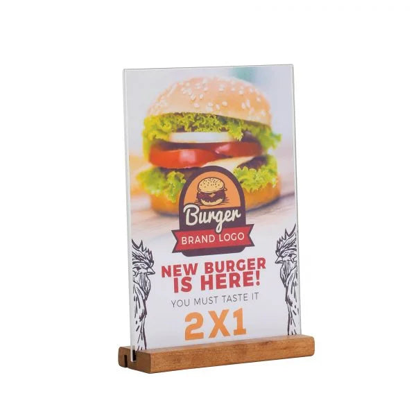 Présentoir de table A4 transparent en acrylique avec base en bois pour affichage de menu, flyer ou publicité