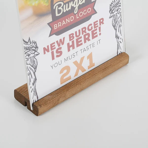 Présentoir de table A4 avec panneau acrylique transparent et base en bois pour affichage de menu ou offre promotionnelle