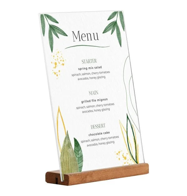 Présentoir de table A5 en acrylique transparent avec base en bois pour affichage de menu, carte ou flyer