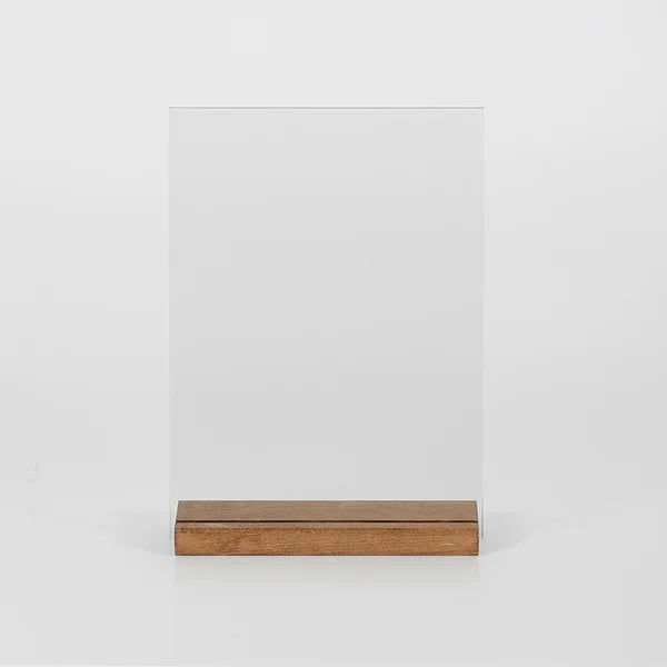 Présentoir de table A5 en acrylique transparent avec base en bois pour affichage de menu, flyer ou information