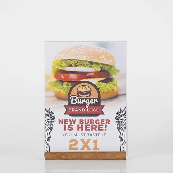 Présentoir de table A5 en acrylique transparent avec base en bois pour affichage de publicité, menu ou flyer promotionnel