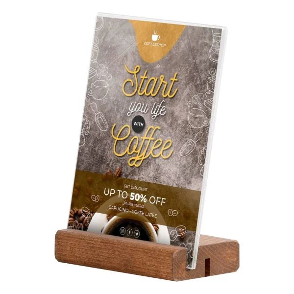 Présentoir de table A6 en acrylique transparent avec base en bois pour affichage de menu, flyer ou publicité