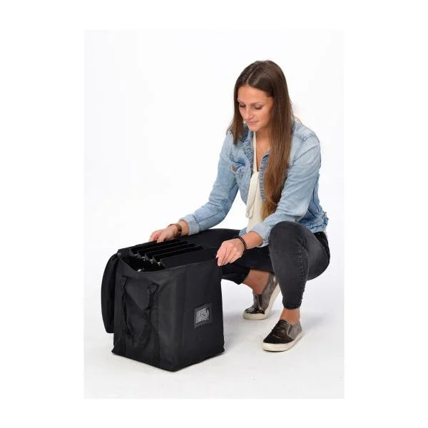 Rangement du porte-brochures pliable noir A4 dans son sac de transport pour déplacement et stockage facile