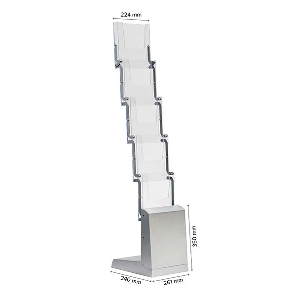 Schéma des dimensions du porte-brochures pliable A4 en aluminium avec compartiments transparents pour prospectus