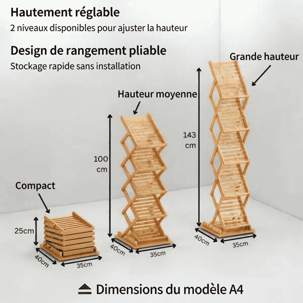 Schéma des dimensions du présentoir pliable à brochures A4 en bois avec hauteurs réglables et structure compacte