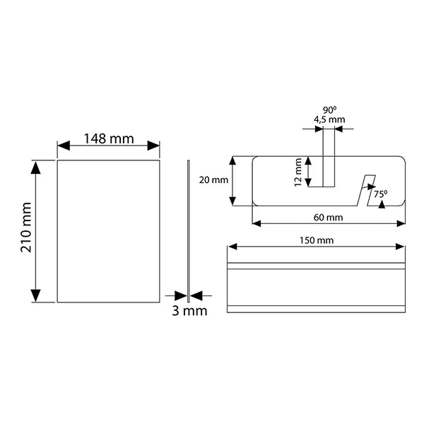 Schéma technique du présentoir de table A5 avec dimensions et rainure d’insertion pour panneau acrylique