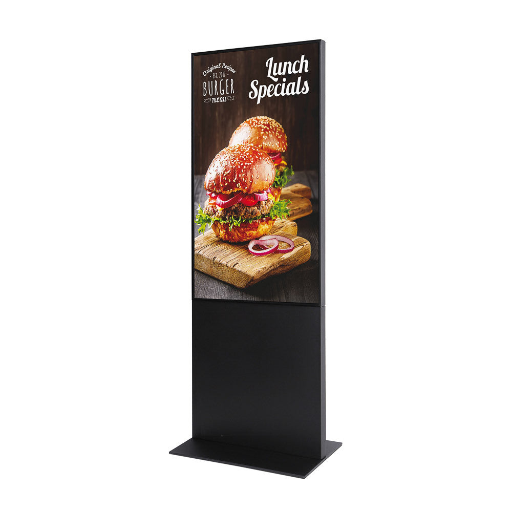 Totem publicitaire digital 55 pouces avec écran Samsung portrait affichant un menu burger, vue trois quarts