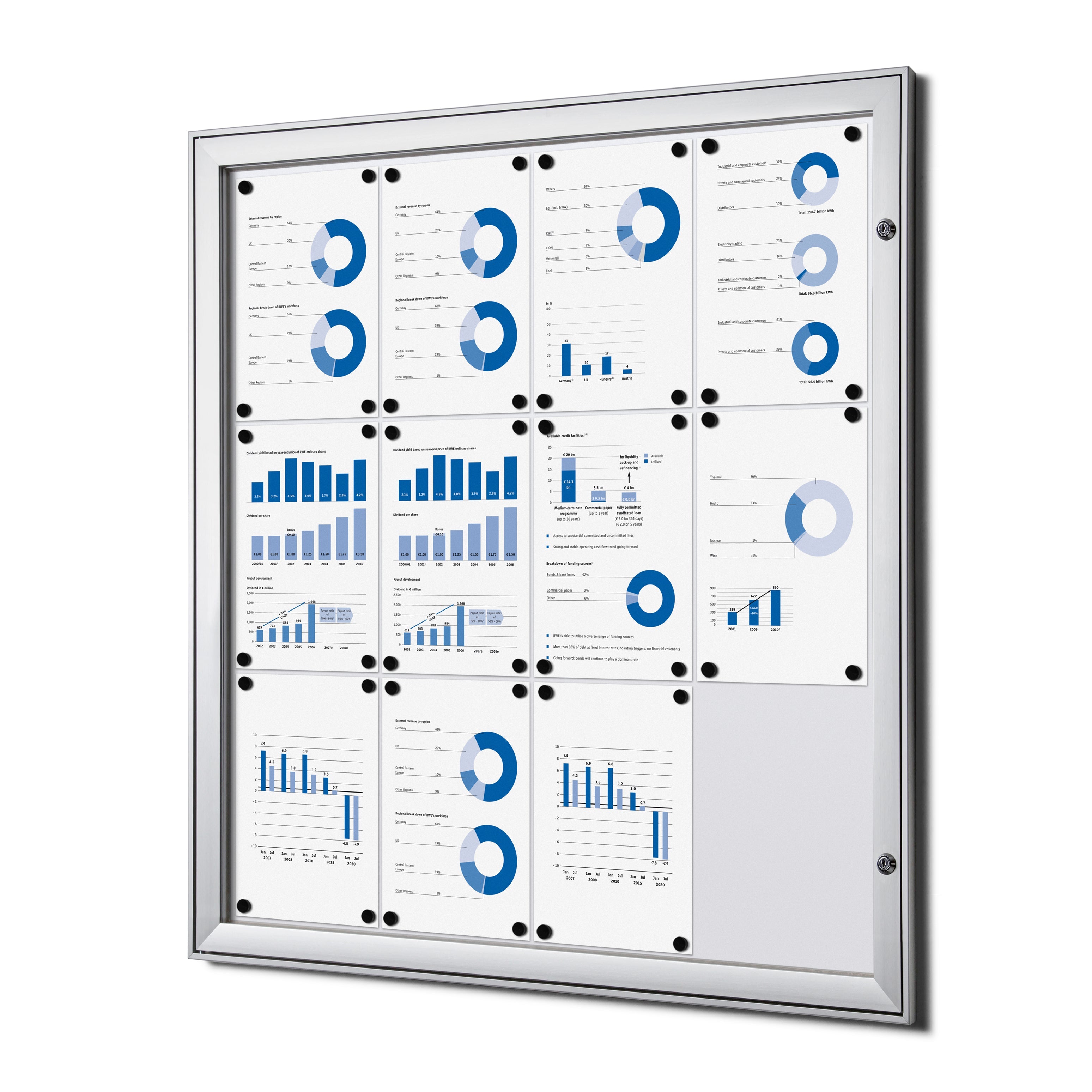Vitrine intérieure verrouillable premium 12× A4 argent, vue de face