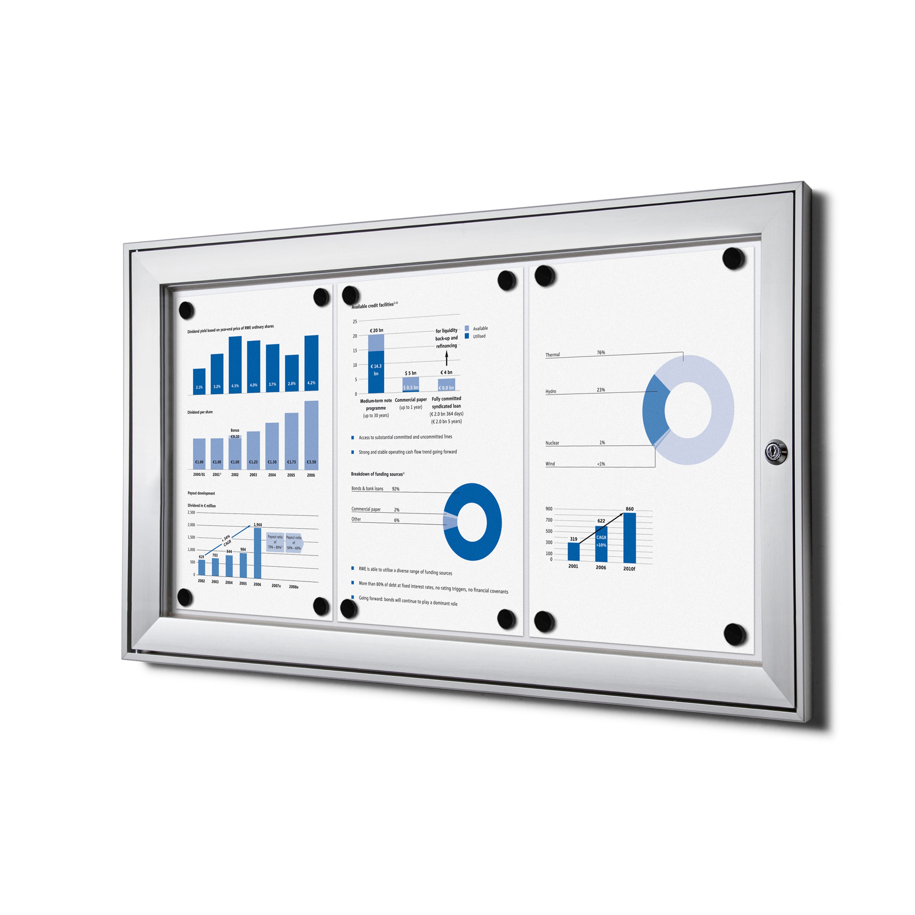 Vitrine intérieure verrouillable premium 3× A4 argent, vue de face