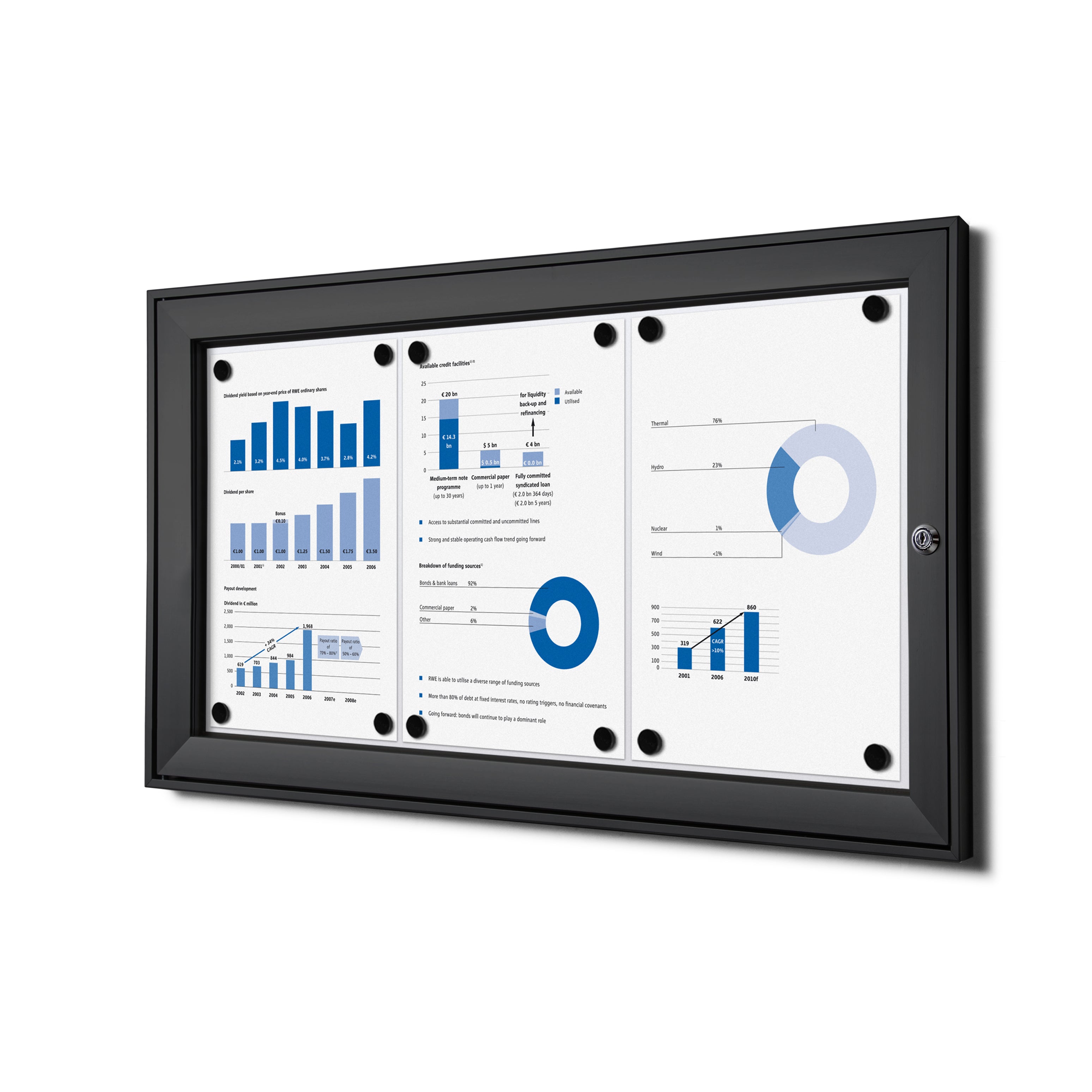 Vitrine intérieure verrouillable premium 3× A4 noir, vue de face