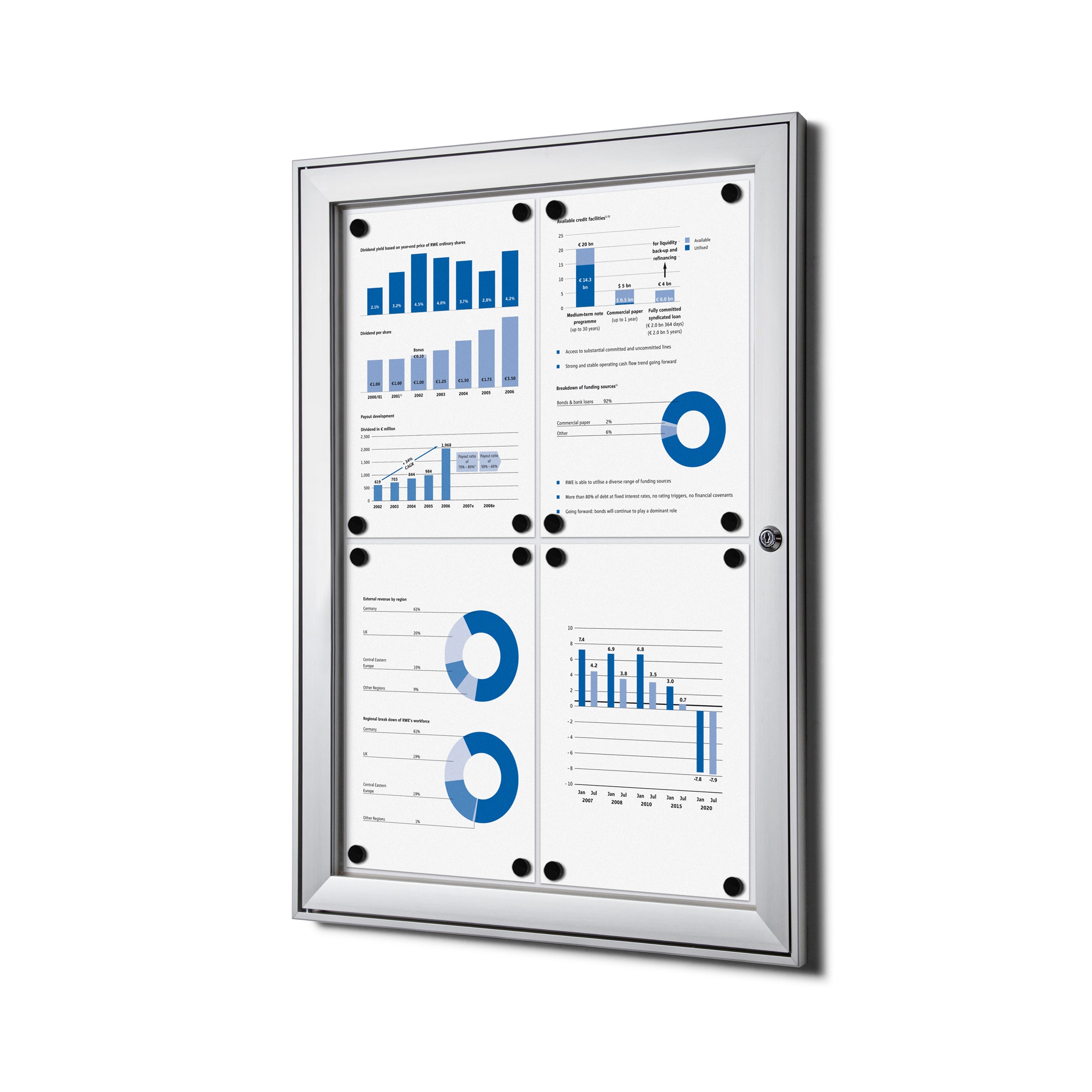 Vitrine intérieure verrouillable premium 4× A4 argent, vue de face