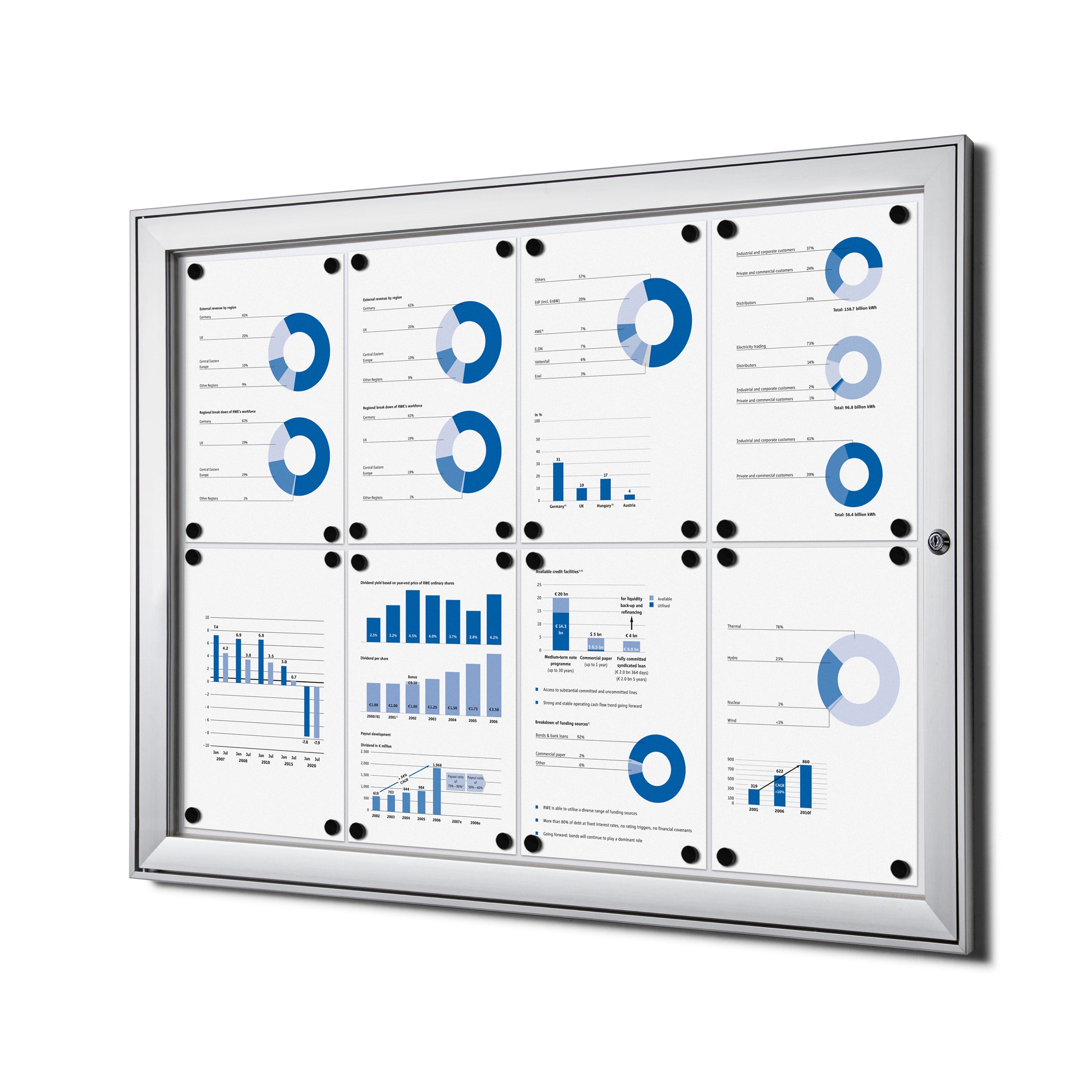 Vitrine intérieure verrouillable premium 8× A4 argent, vue de face