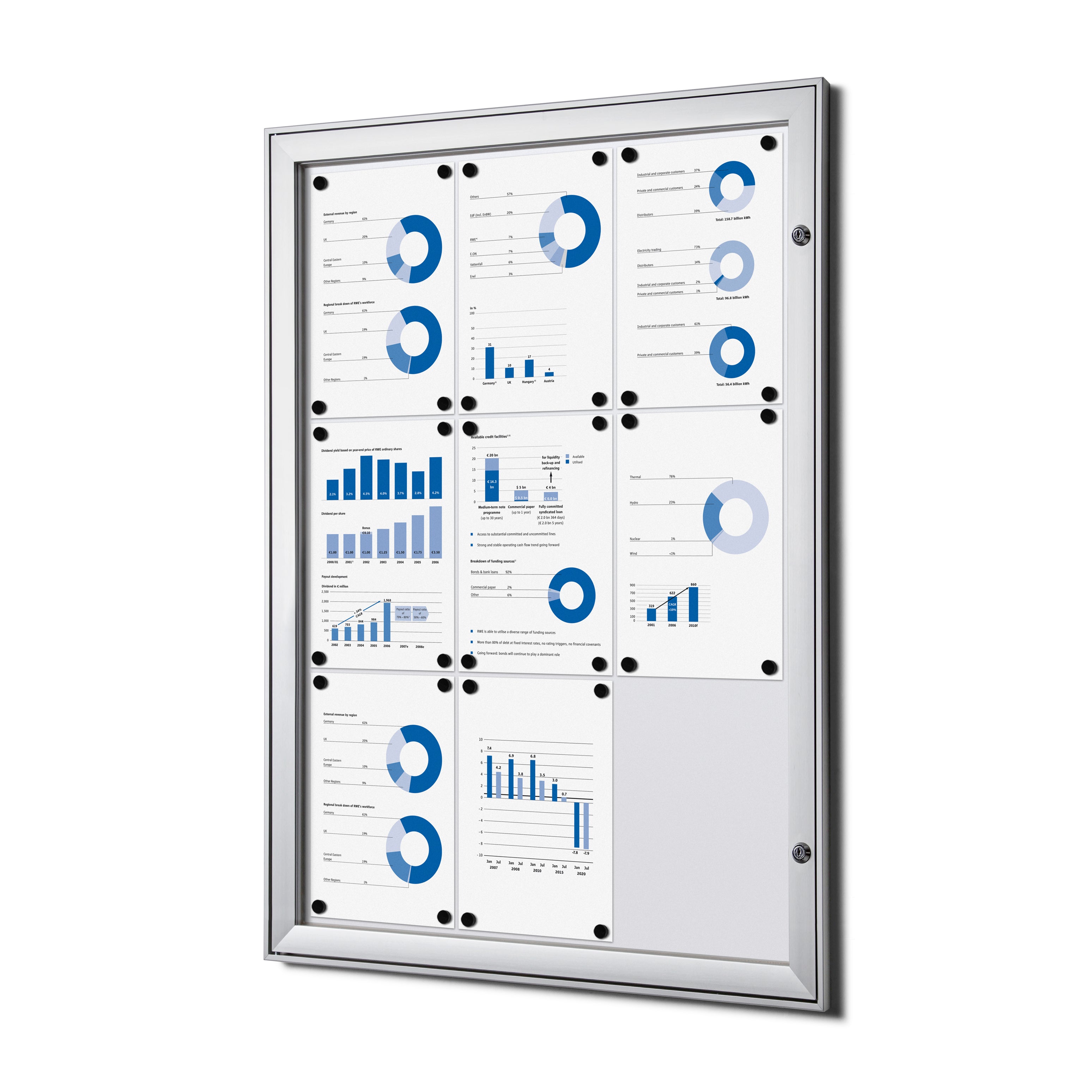 Vitrine intérieure verrouillable premium 9× A4 argent, vue de face